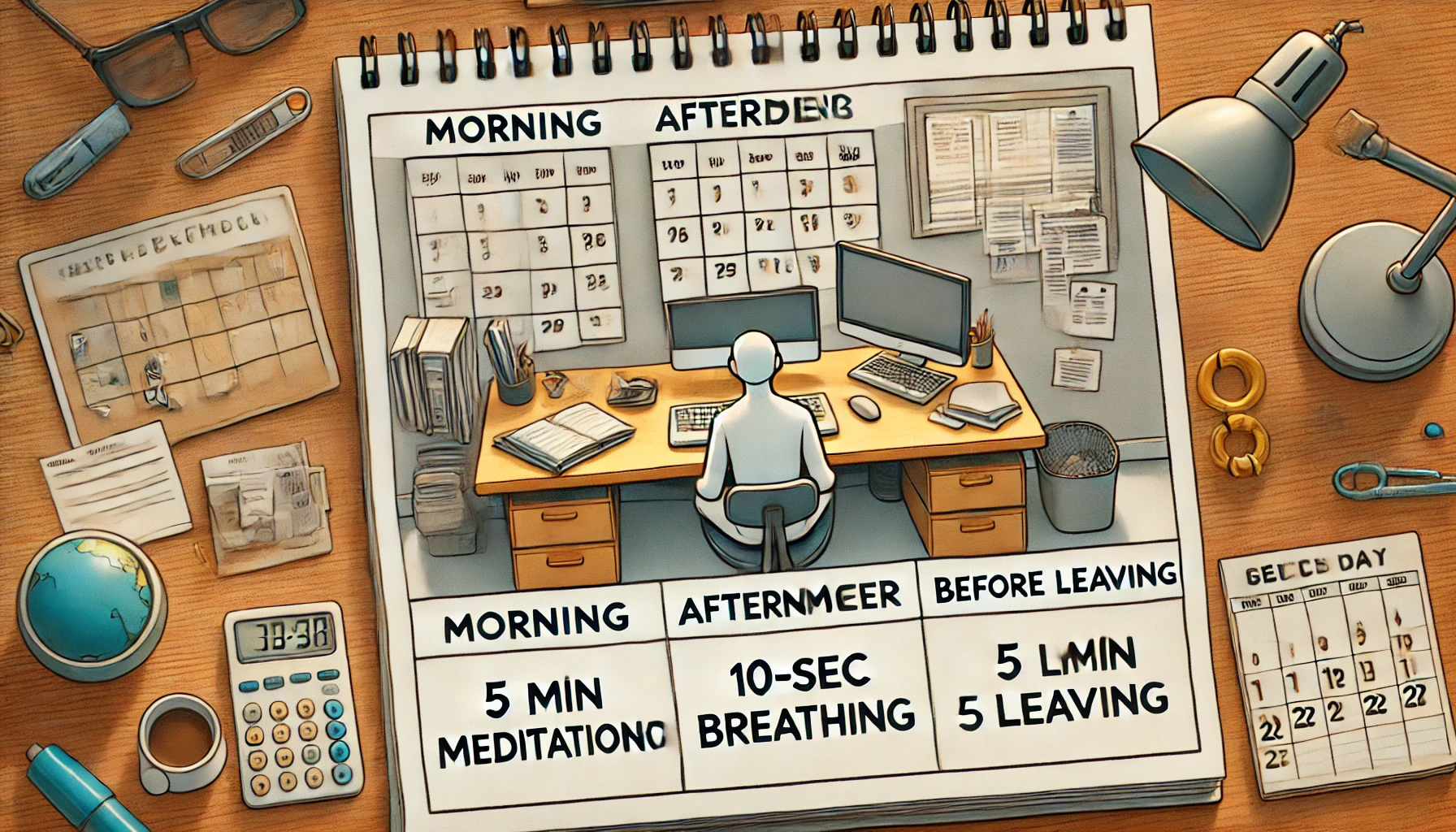 책상 위 캘린더에 아침, 점심, 저녁 명상 스케쥴이 적혀있는 모습
