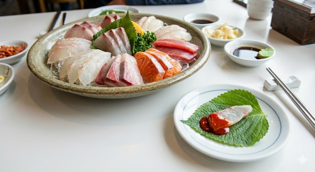 생선회의 비린 맛은 잡고 깔끔한 뒷맛을 선사하는 향긋한 깻잎과 싱싱한 회의 만남