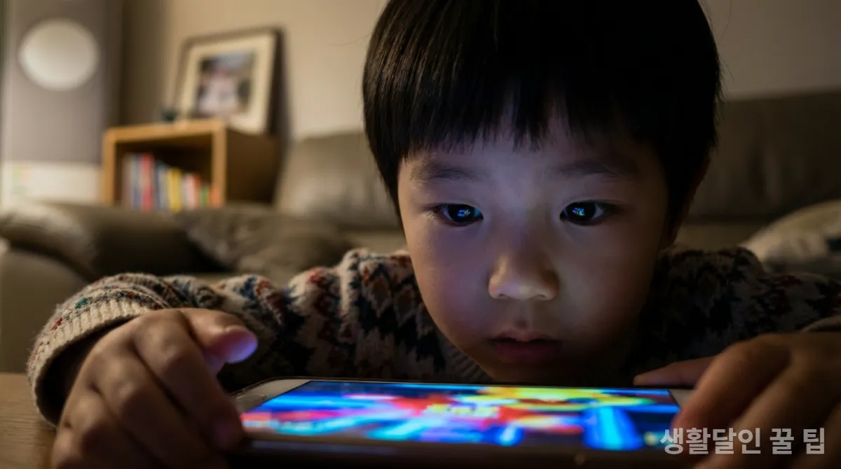 스마트폰 화면에 집중하는 한국인 아이의 모습