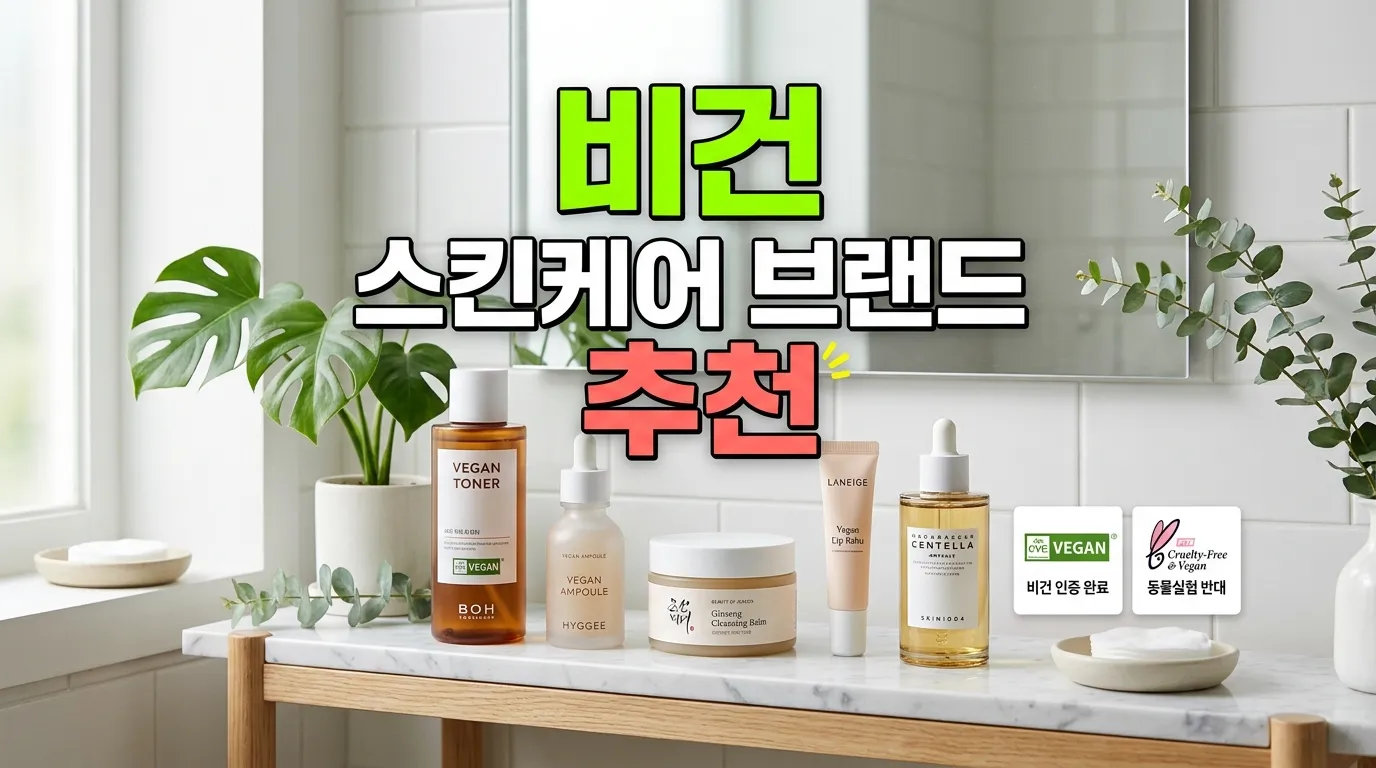 비건 스킨케어 브랜드 제품이 선반에 정리된 장면