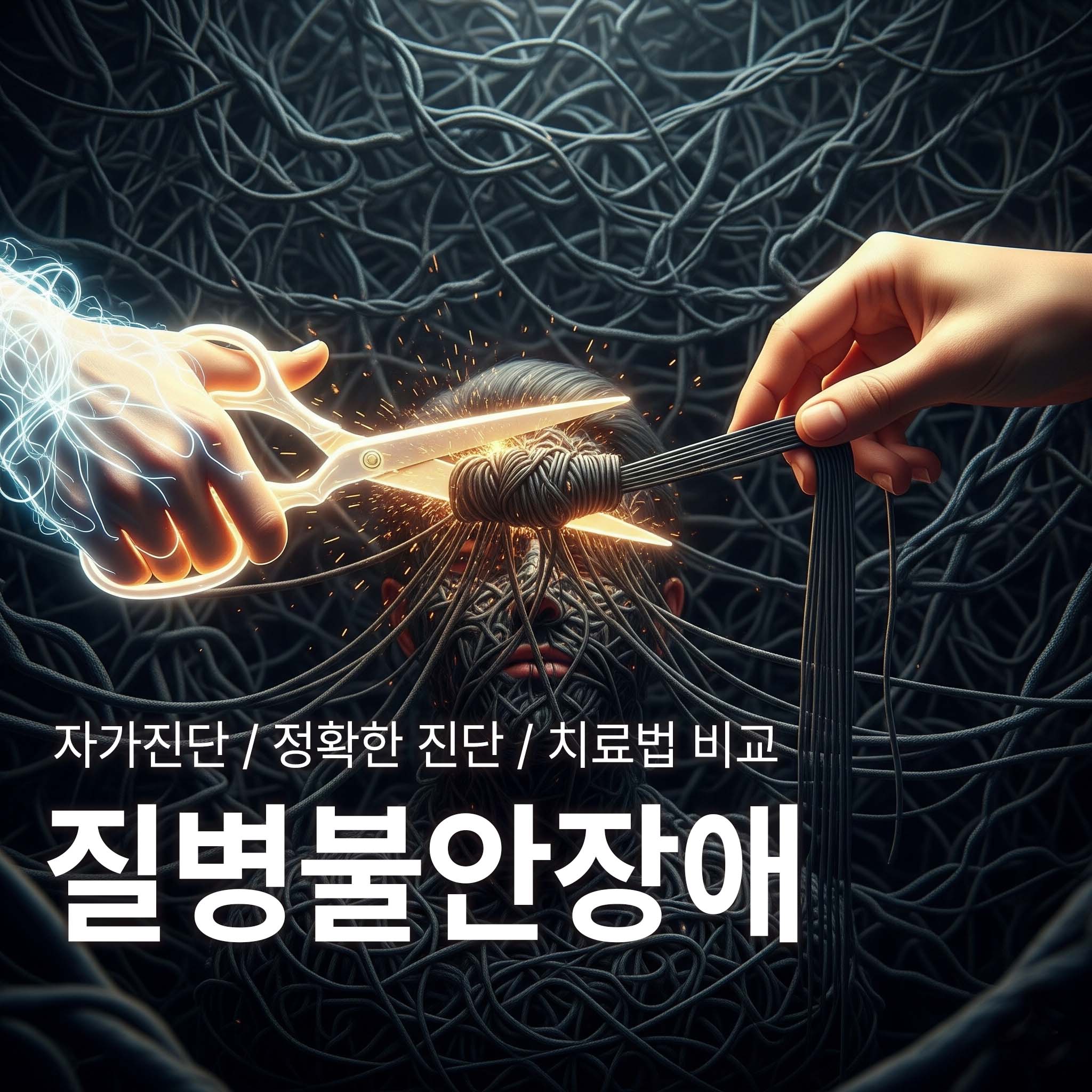질병불안장애의 복잡한 생각의 실타래를 빛나는 가위든 손 (약물치료 상징)과 정돈하는 손(인지행동치료) 가 치료하고 있다