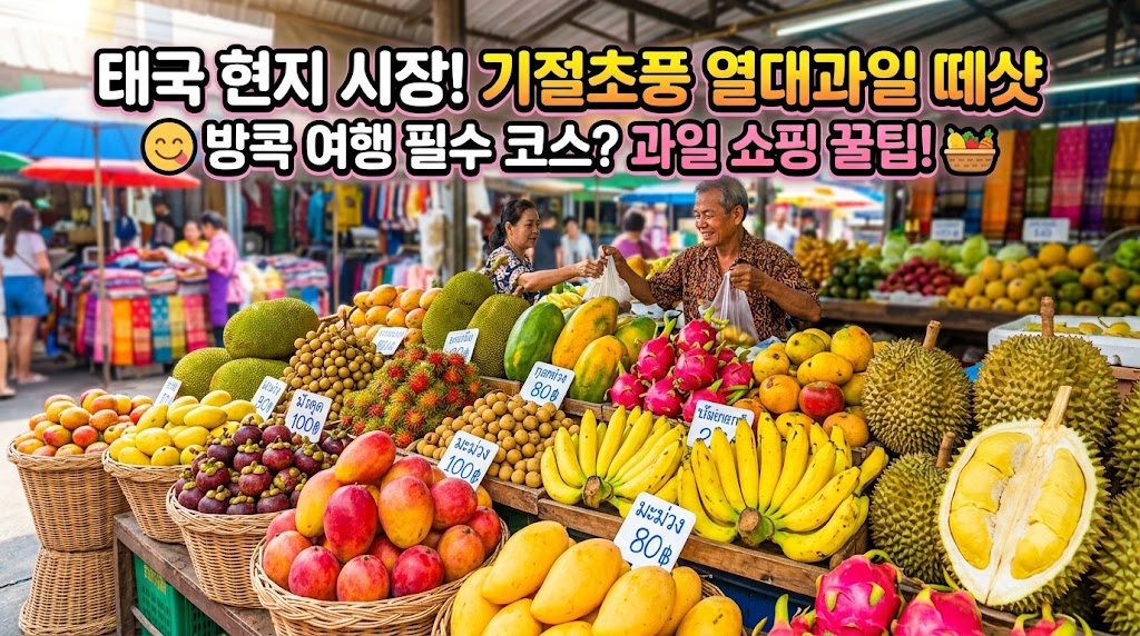 태국 방콕 야시장의 알록달록한 열대 과일 상점들