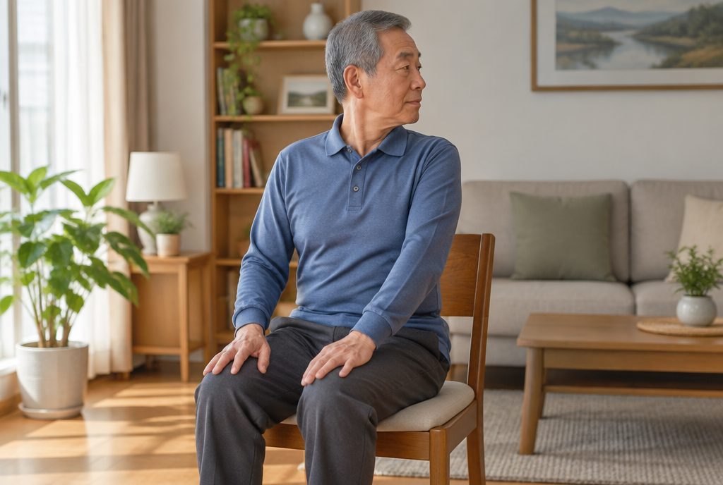 의자에 앉아 몸통을 돌리는 겨울 실내 재활운동 준비 동작