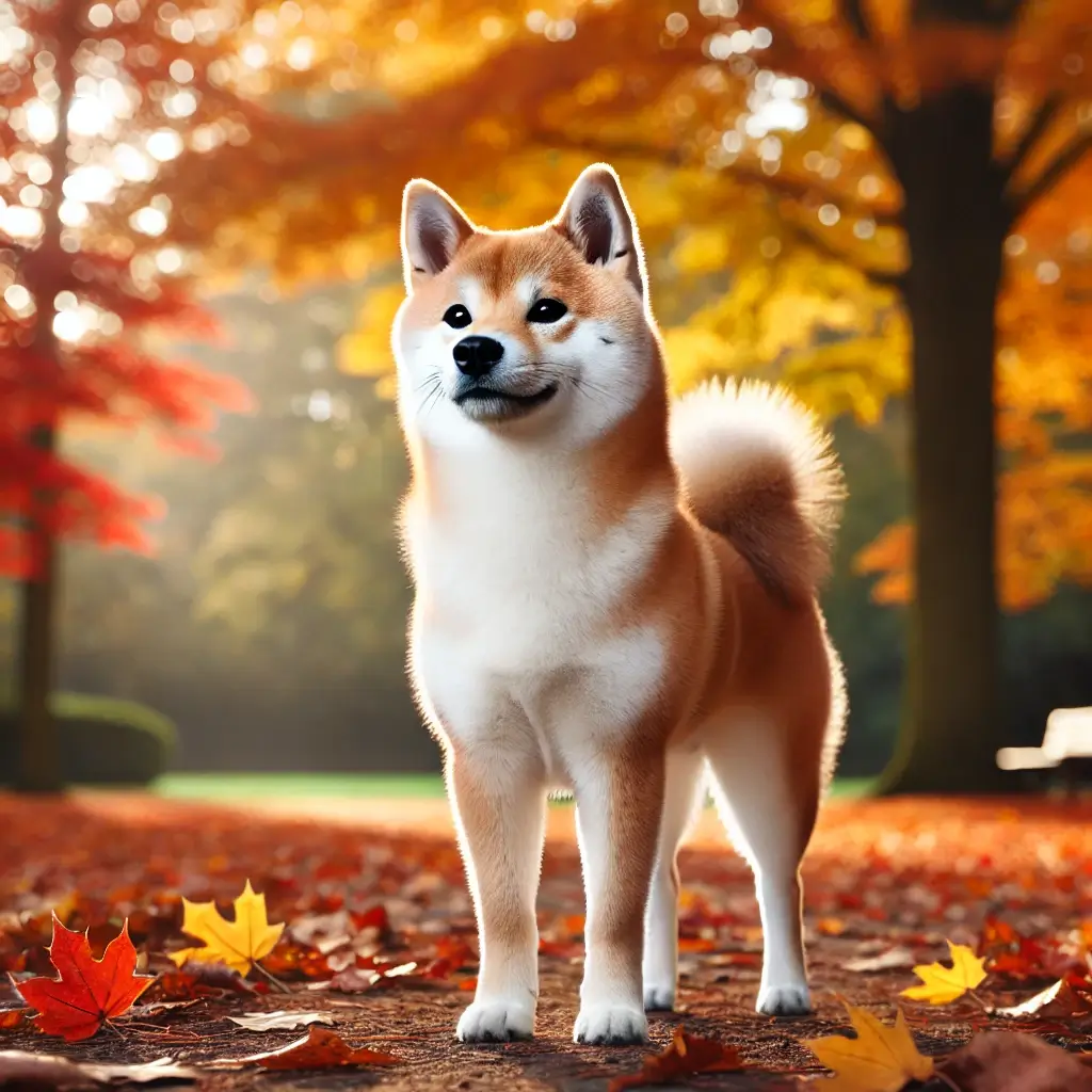가을 공원에서 당당한 자세로 서 있는 시바 이누 강아지