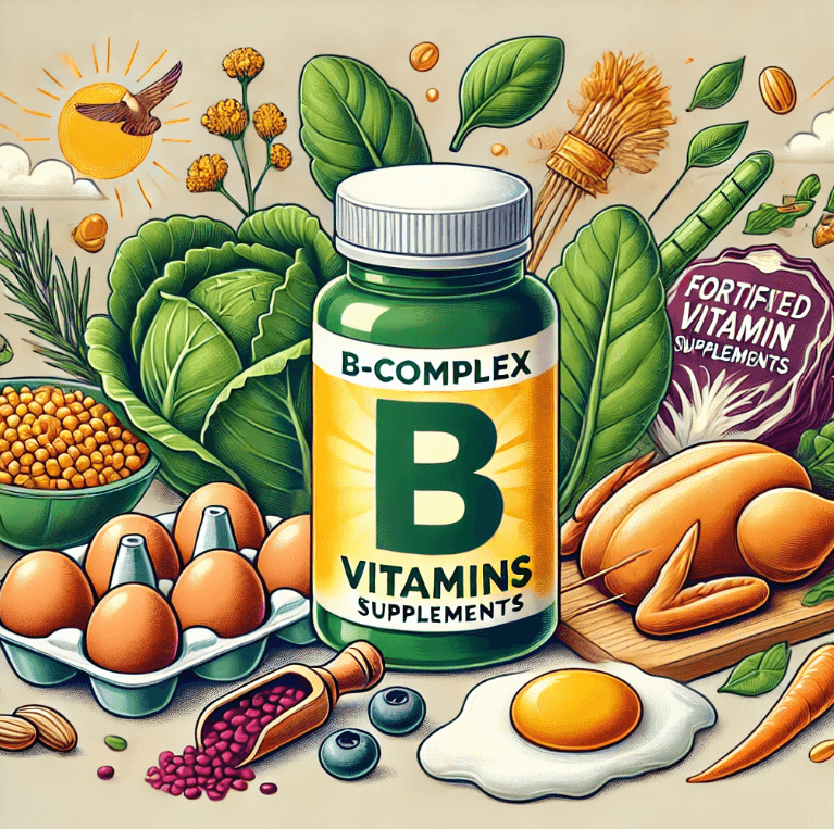 달걀 , 잎채소 , 콩과 식물 , 강화 시리얼 , 가금류 등 비타민 B 가 풍부한 식품과 B 복합체 보충제 한 병을 강조하는 그림