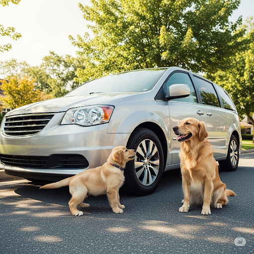 미니밴 옆에 강아지 두마리