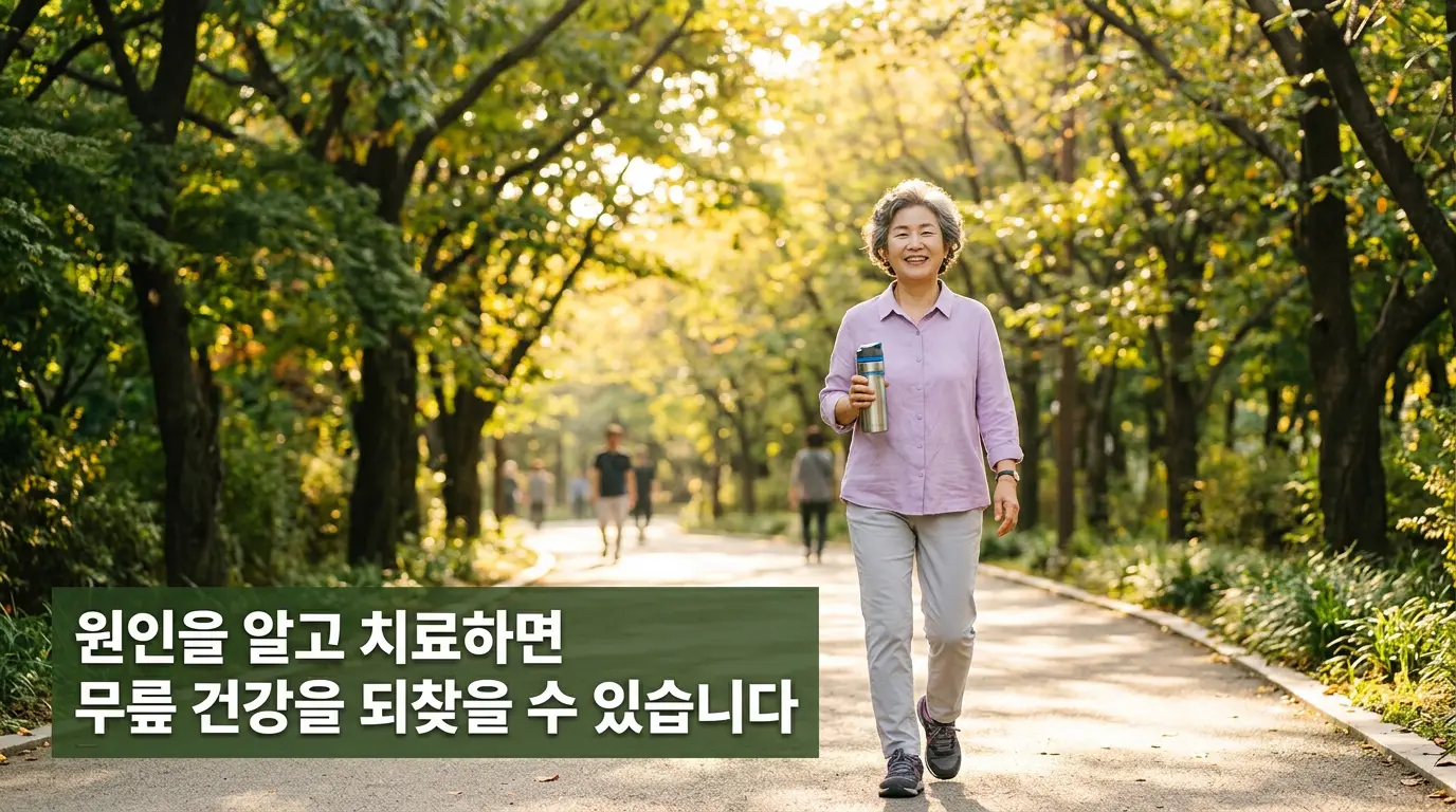 무릎 안쪽 통증 치료 후 건강한 일상 회복 마무리 이미지"