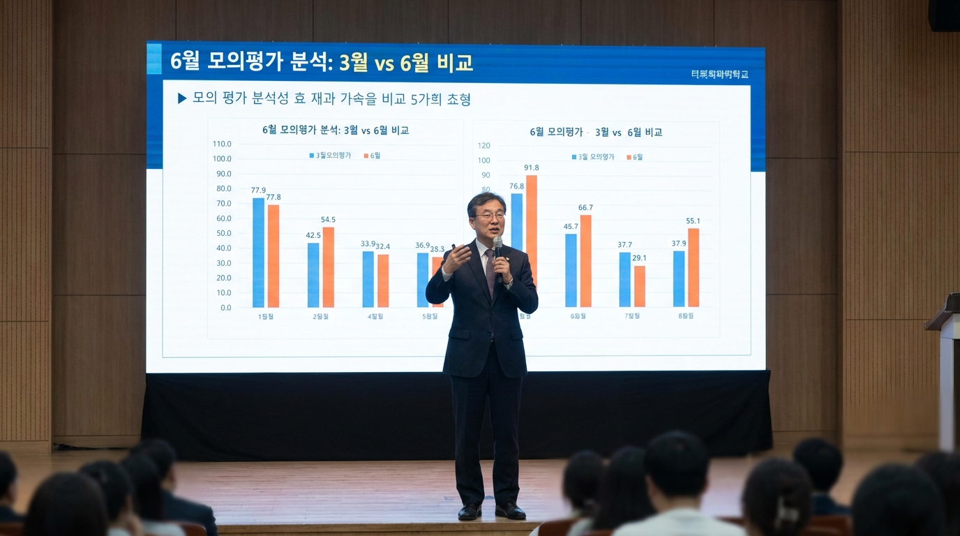6월 모의평가의 중요성과 재수생 합류에 따른 성적 변화를 설명하는 입시 전문가의 강연 현장
