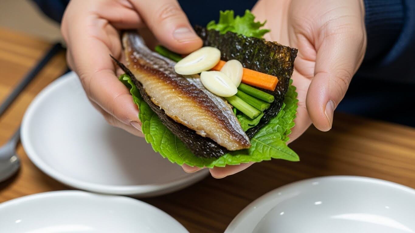 과메기를 김과 깻잎에 마늘, 채소와 함께 싸서 먹기 직전의 모습