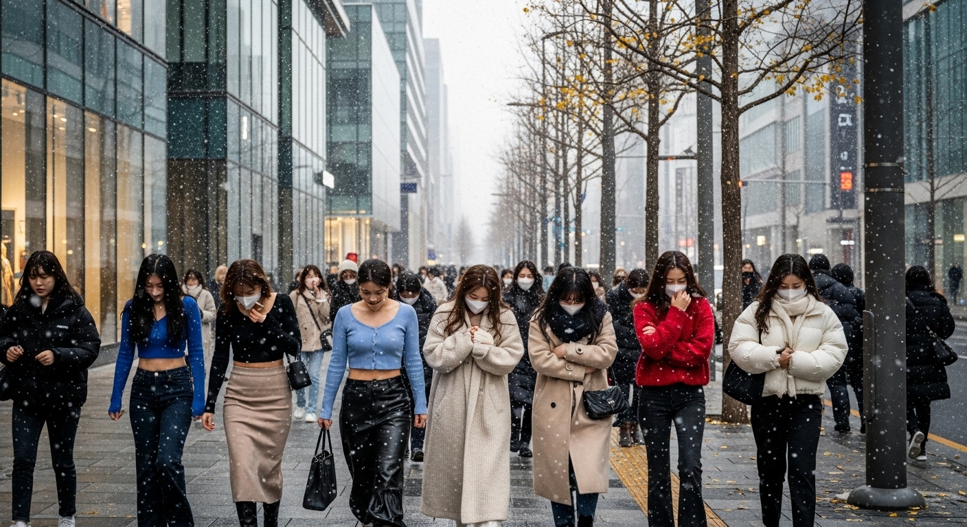 추위를 느끼며 걷는 여자들