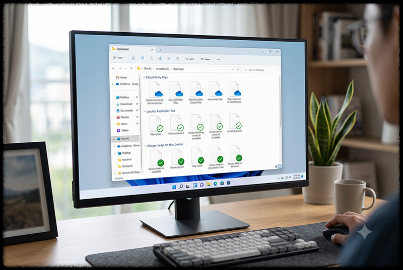 OneDrive 온라인 전용 파일과 로컬 저장 파일의 상태 아이콘을 비교한 모습