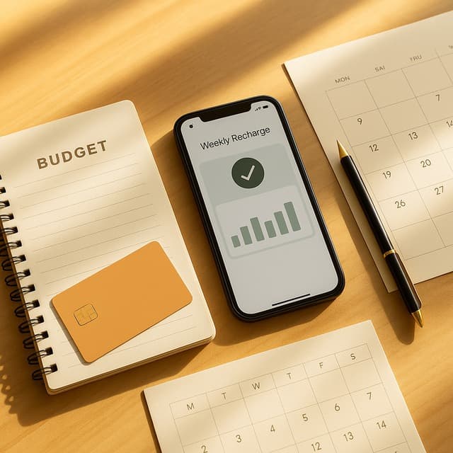햇살 드는 식탁 위 가계부 노트와 체크카드 한 장, 스마트폰의 은행 앱에 주간 충전 알림이 표시된 화면, 옆에 달력과 볼펜이 놓인 정돈된 장면 이미지