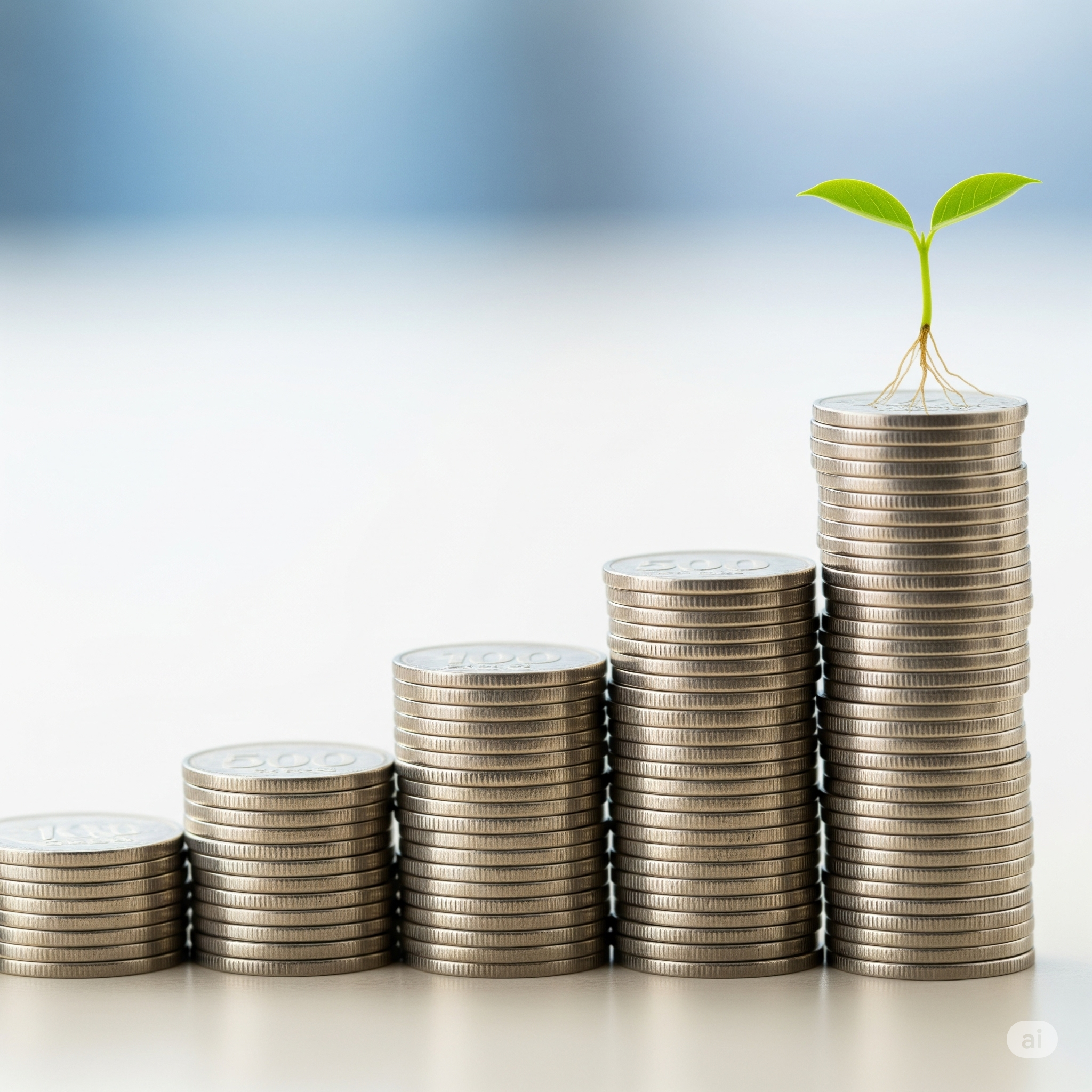 청년도약계좌를 통해 자산이 성장하는 것을 상징하는, 그래프 모양으로 쌓인 동전과 맨 위에서 자라나는 새싹 이미지