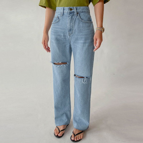 리틀마켓 하이웨스트 찢어진 연청 일자 와이드 청바지 PG65B1