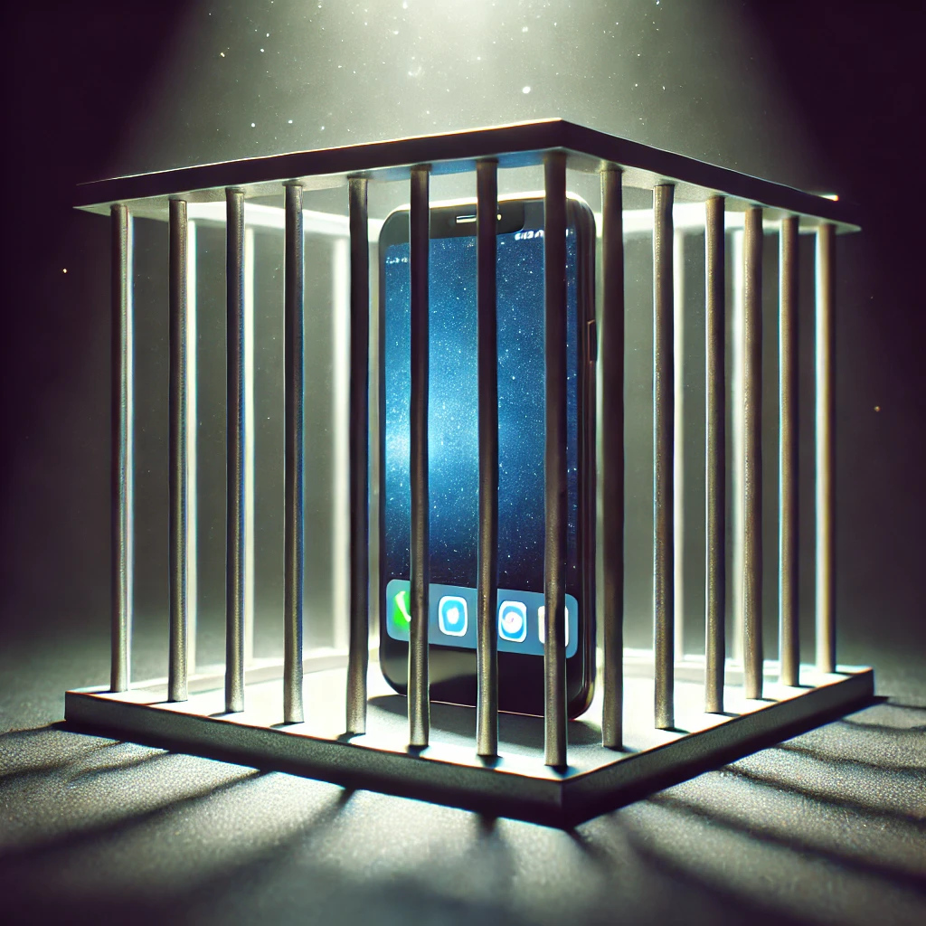 스마트 폰이 감옥에 갇혀있는 사진.