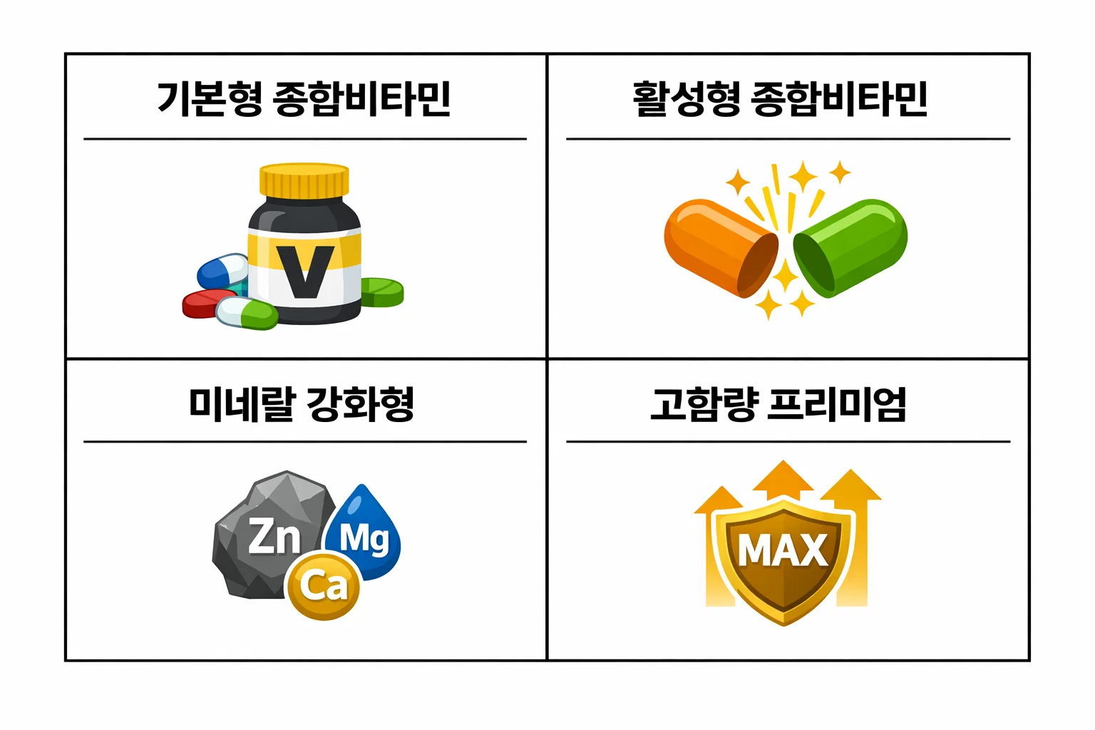 기본형, 활성형, 미네랄 강화형, 고함량 프리미엄형 종합비타민의 차이점을 한눈에 비교해볼 수 있는 이미지 요약표