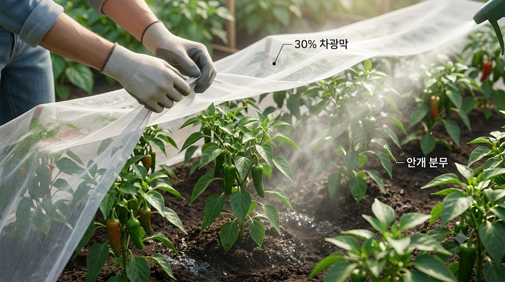 폭염을 차단하기 위해 고추 두둑 위에 백색 차광망을 치고 잎과 두둑에 수분을 공급