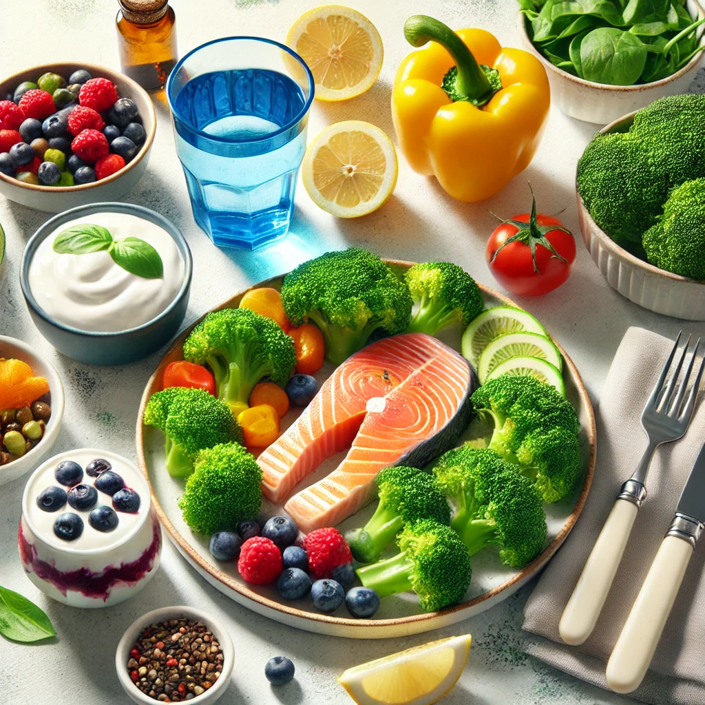 면역력 향상에 도움이 되는 균형 잡힌 식단을 시각적으로 표현한 이미지