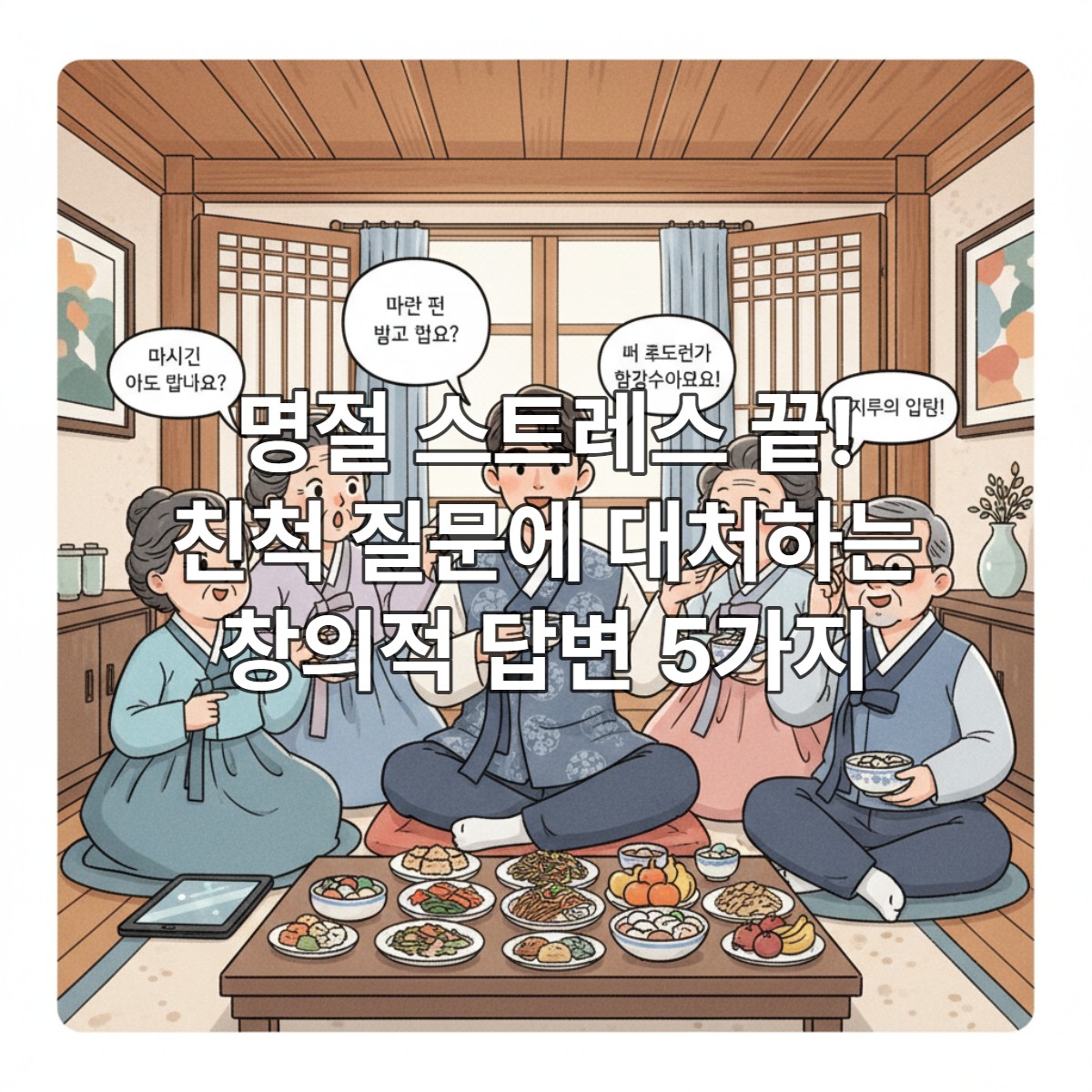 명절 가족 모임에서 친척들의 질문에 재치 있게 답변하며 미소 짓는 젊은이의 모습