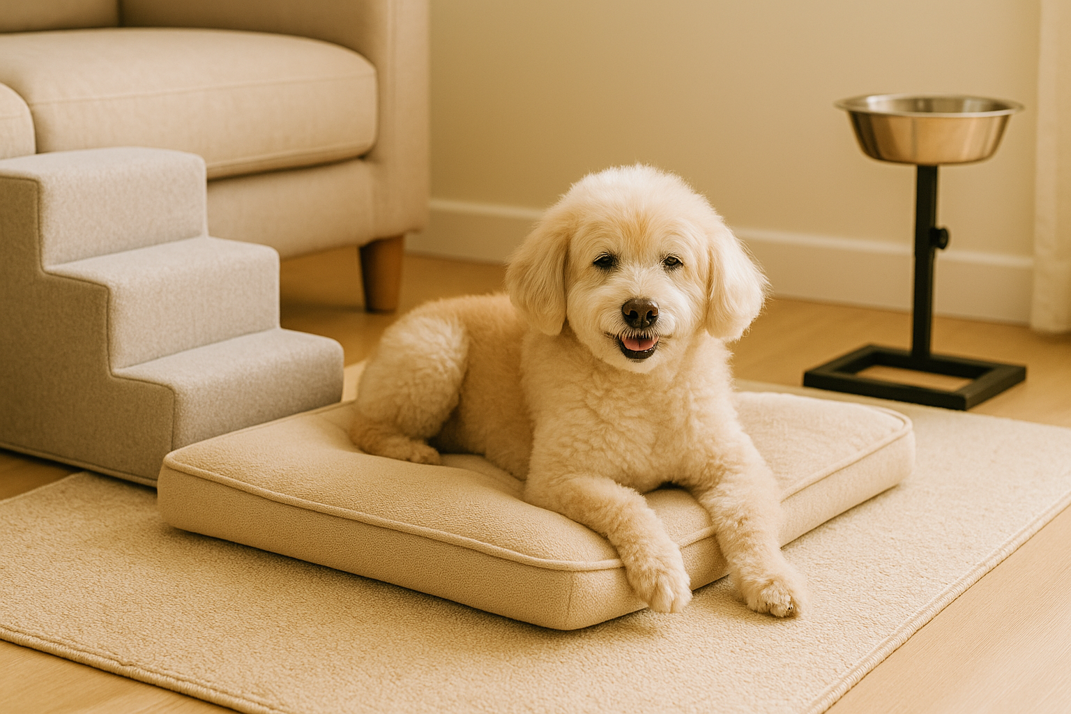 미끄럼 방지 매트 위에 놓인 낮고 푹신한 메모리폼 침대에 노령 푸들이 편안히 엎드려 있다.
옆에는 높이 조절이 가능한 스탠드 식기와 소파에 오르기 위한 반려견용 계단이 배치되어 있다.
아늑한 실내 공간에서 노령견을 위한 맞춤 환경을 잘 보여주는 장면이다.
