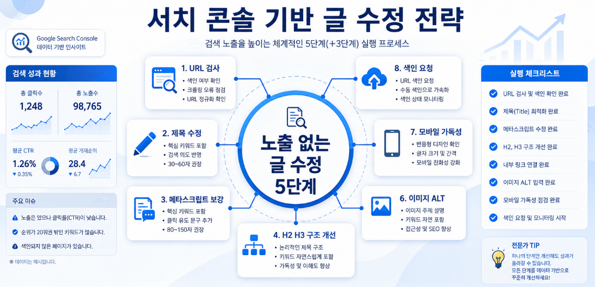 URL 검사 제목 수정 H2 H3 내부 링크 이미지 ALT 색인 요청을 연결한 검색 노출 없는 글 수정 전략 이미지