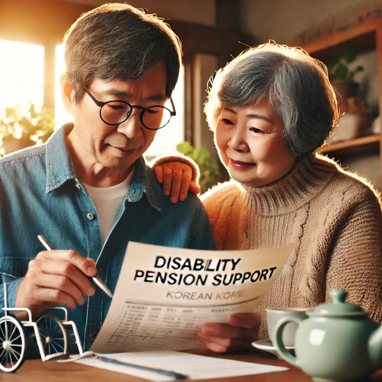 노부부가 가정에서 장애연금 관련 서류를 검토하는 모습