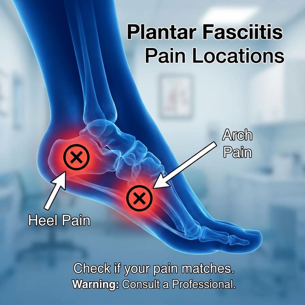 족저근막염으로 발뒤꿈치와 발바닥 아치 부위에 통증을 나타내는 그래픽