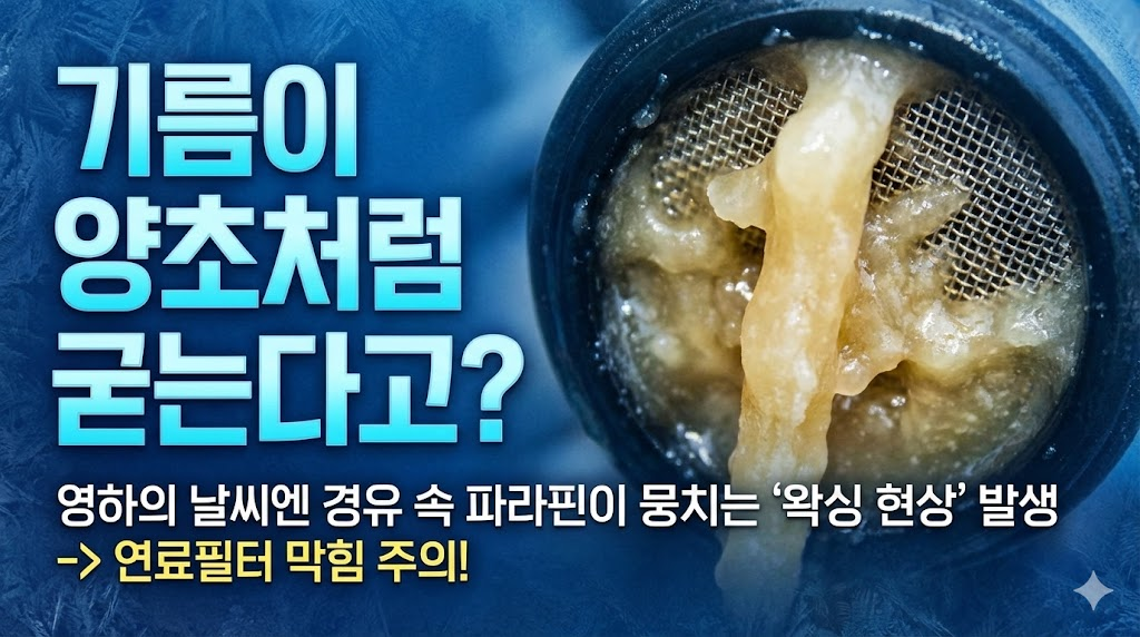 경유 속 파라핀이 뭉치는 '왁싱 현상'을 시각적으로 강렬하게 보여주기 위해, 필터에 하얗게 굳어버린 경유의 모습을 확대하여 담았습니다. "기름이 양초처럼 굳는다고?"라는 카피로 경각심을 불러일으키고, 연료필터 막힘의 주원인임을 명확히 설명합니다.