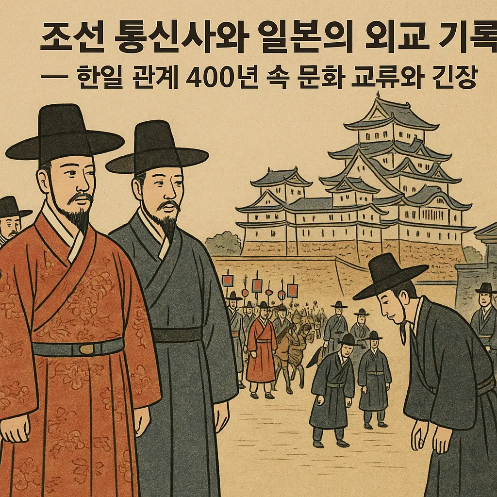전통 복식의 조선 통신사 일행이 일본 성 앞에서 일본 관리와 인사하는 장면을 묘사한 삽화