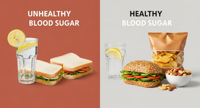 혈당에 나쁜 정제 탄수화물 및 설탕 음료와 혈당 관리에 좋은 통곡물, 물, 견과류를 시각적으로 대조하여 보여주는 이미지.