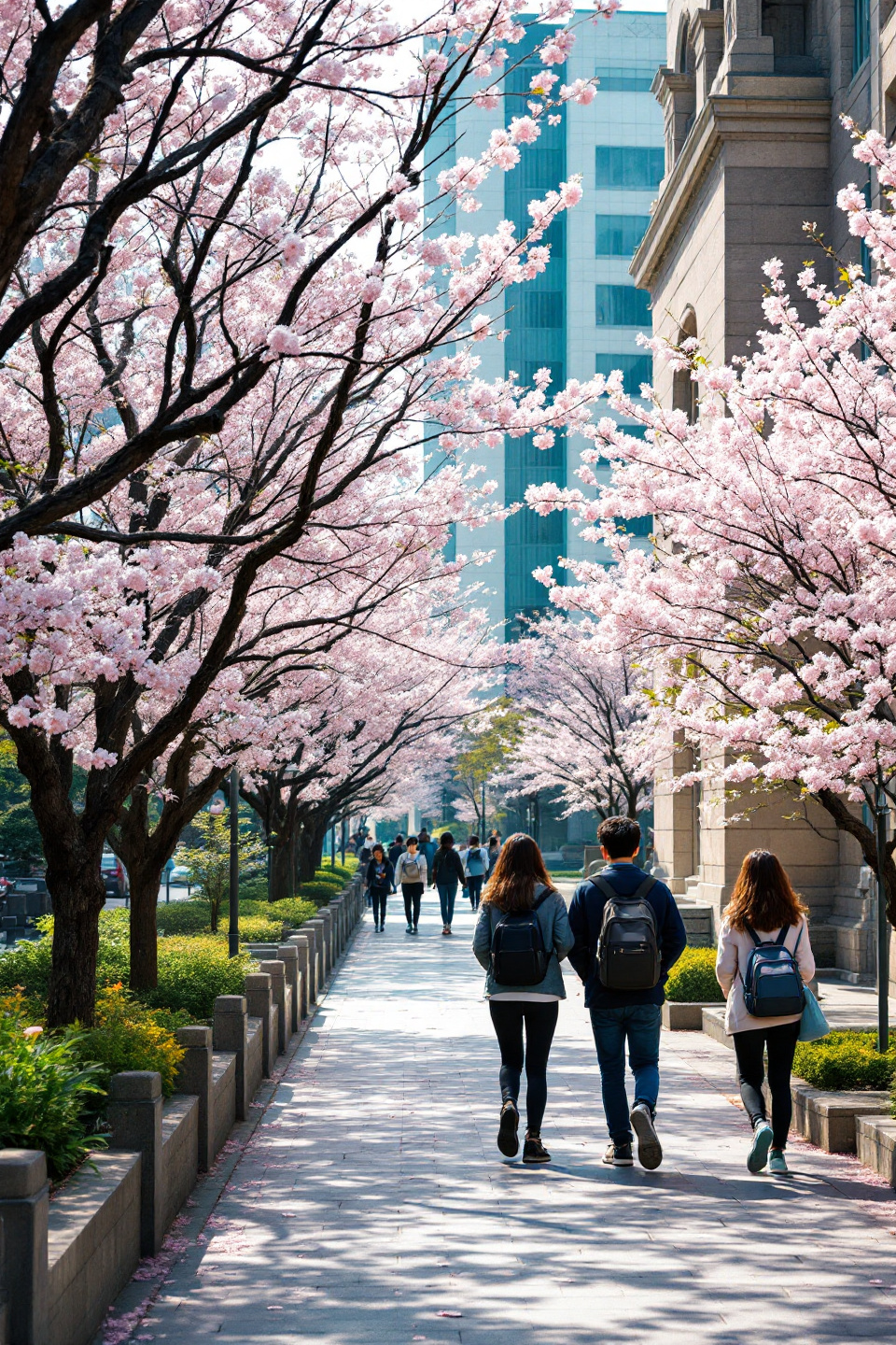 대학 캠퍼스에 화창한 날씨에 벗꽃이 활짝핀 향기로운 캠퍼스에 남녀 학생들이 평안하게 걷고 있는 이미지