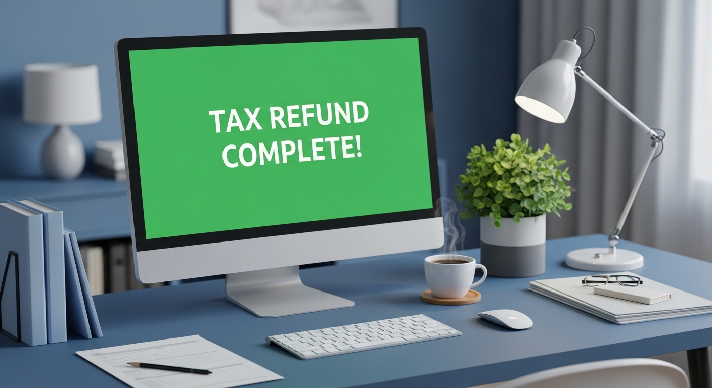 연말정산이 성공적으로 마무리된 후 깔끔하게 정리된 책상과 '환급 완료' 메시지가 보이는 컴퓨터 화면.