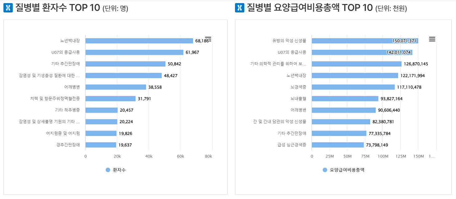 입원 질병별 환자수 및 요양급여비용총액 현황(2022년)