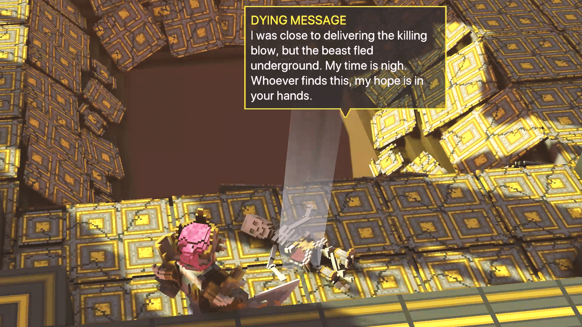 신전 바닥에 오래된 해골이 놓여있고, 그 옆에 다잉메시지가 남겨져있다.