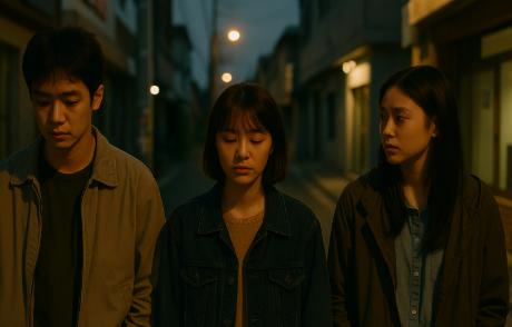 좌절한 표정으로 힘 없이 길거리를 걸어가는 주인공