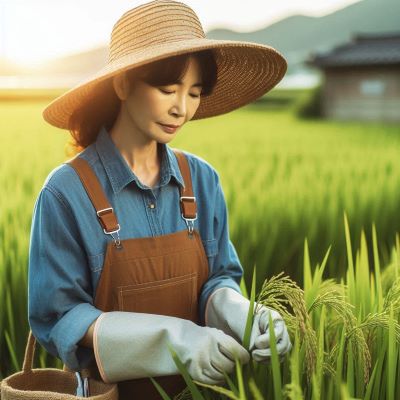 논에서 작업중인 여성 농업인