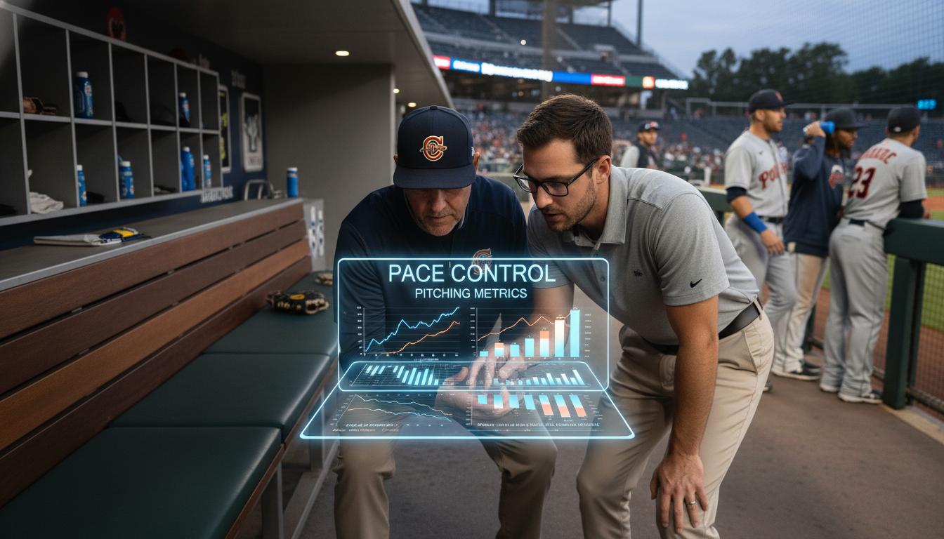 야구 감독과 데이터 분석가가 태블릿으로 투수의 체력 안배와 구속 데이터를 분석하고 있는 모습