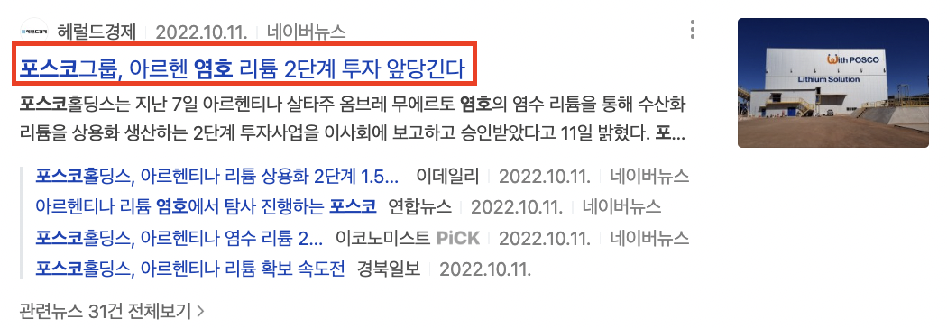 포스코 아르헨티나 염호 관련 뉴스