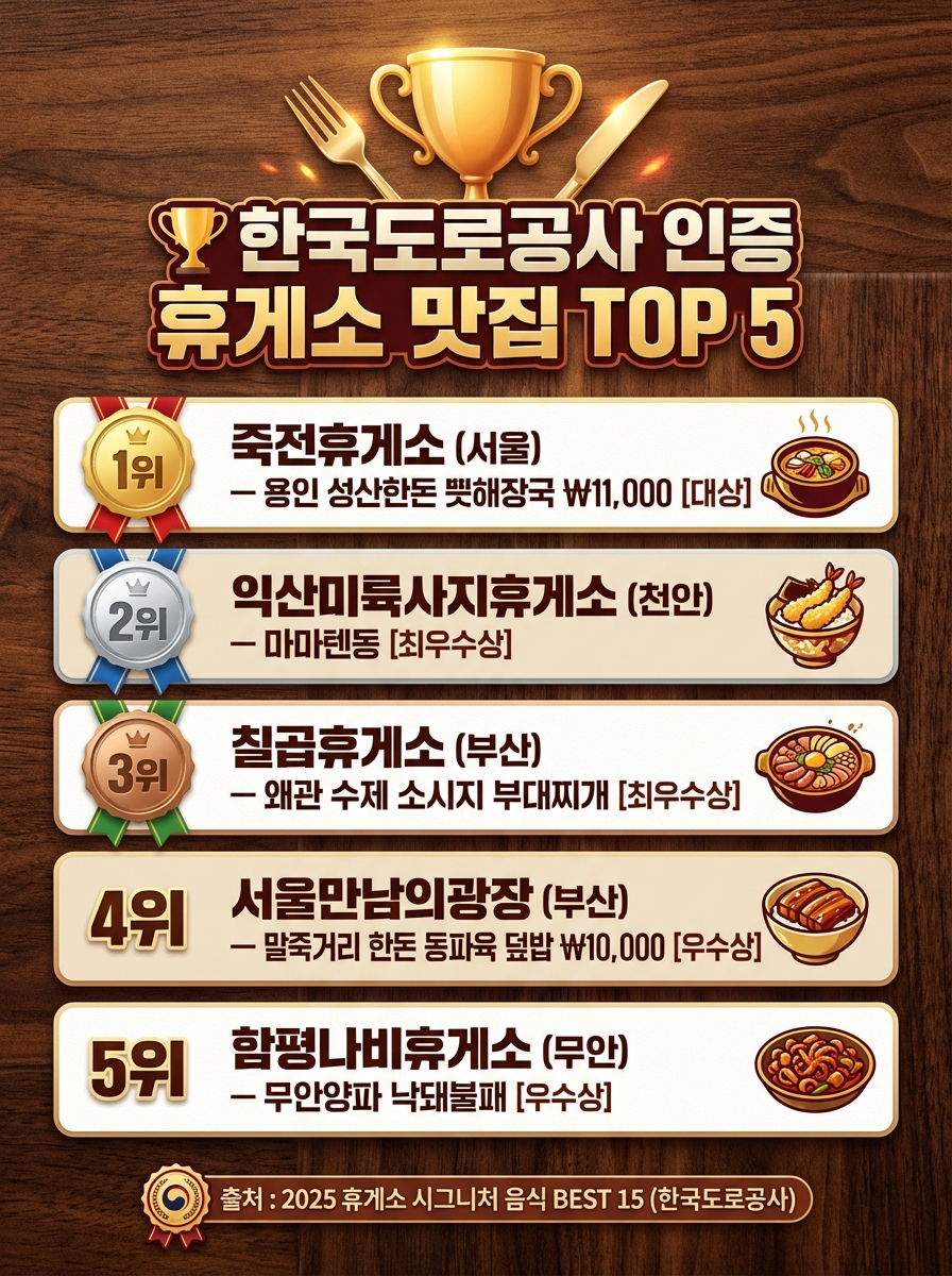 alt="한국도로공사 인증 휴게소 맛집 TOP 5 인포그래픽 - 1위 죽전휴게소 서울방향 용인 성산한돈 뼈해장국 11000원 대상, 2위 익산미륵사지휴게소 천안방향 마마텐동 최우수상, 3위 칠곡휴게소 부산방향 왜관 수제 소시지 부대찌개 최우수상, 4위 서울만남의광장 부산방향 말죽거리 한돈 동파육 덮밥 10000원 우수상, 5위 함평나비휴게소 무안방향 무안양파 낙돼불패 우수상, 출처 2025 휴게소 시그니처 음식 BEST 15 한국도로공사"