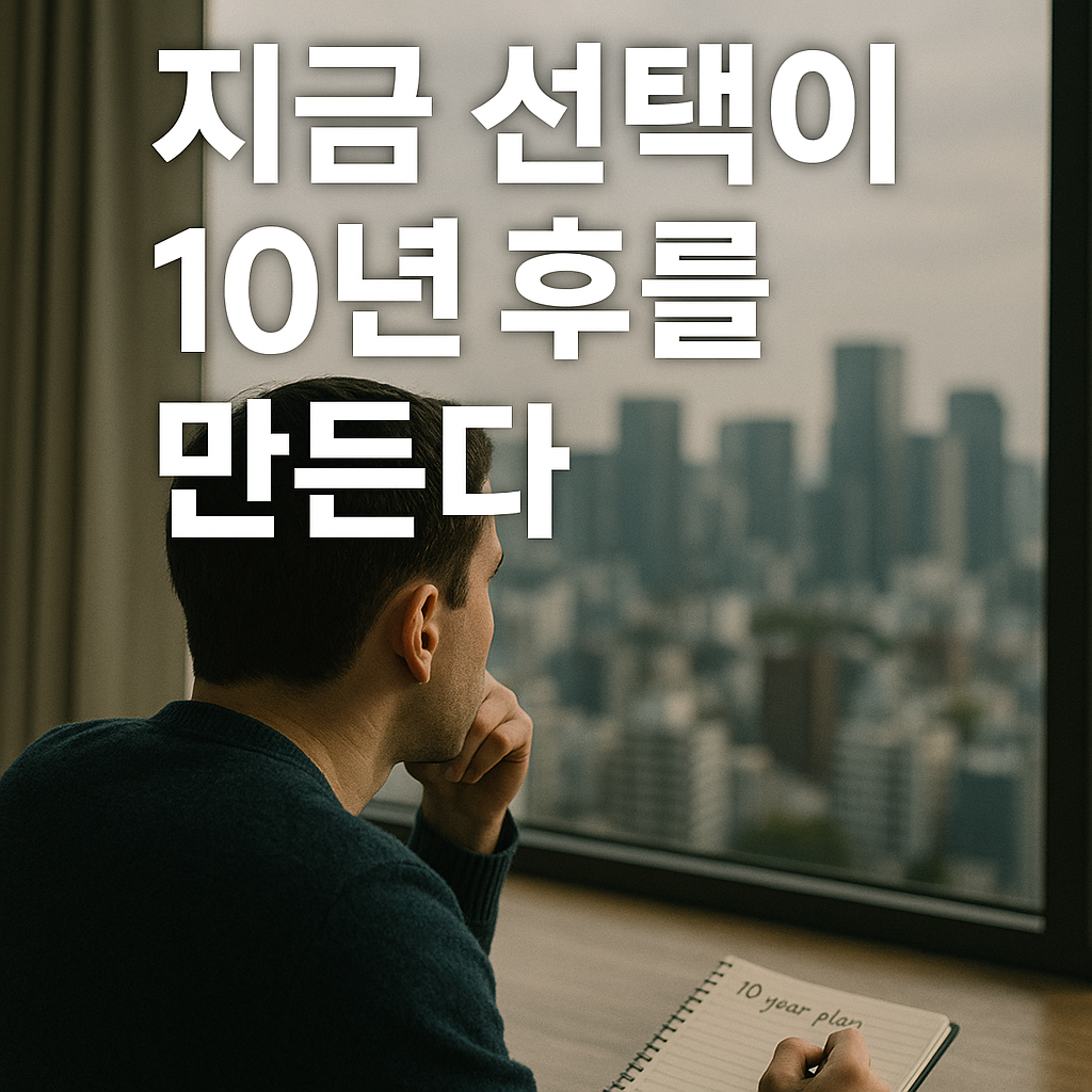 도시 전경을 바라보며 10년 계획 노트에 고민하는 남성의 뒷모습 – 장기적인 의사결정과 선택의 중요성을 상징하는 이미지