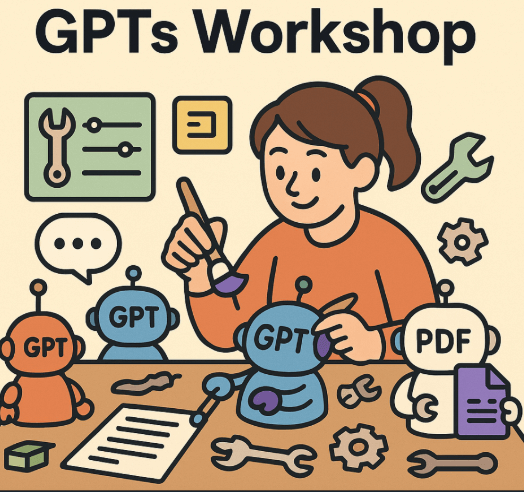 사람이 다양한 GPT 챗봇을 손으로 꾸미고 조립하는 장면. GPT 로봇들이 파일, 지침, 도구 아이콘과 함께 작업대 위에 놓여 있다. 상단에는 'GPTs Workshop'이라는 문구가 있다.
