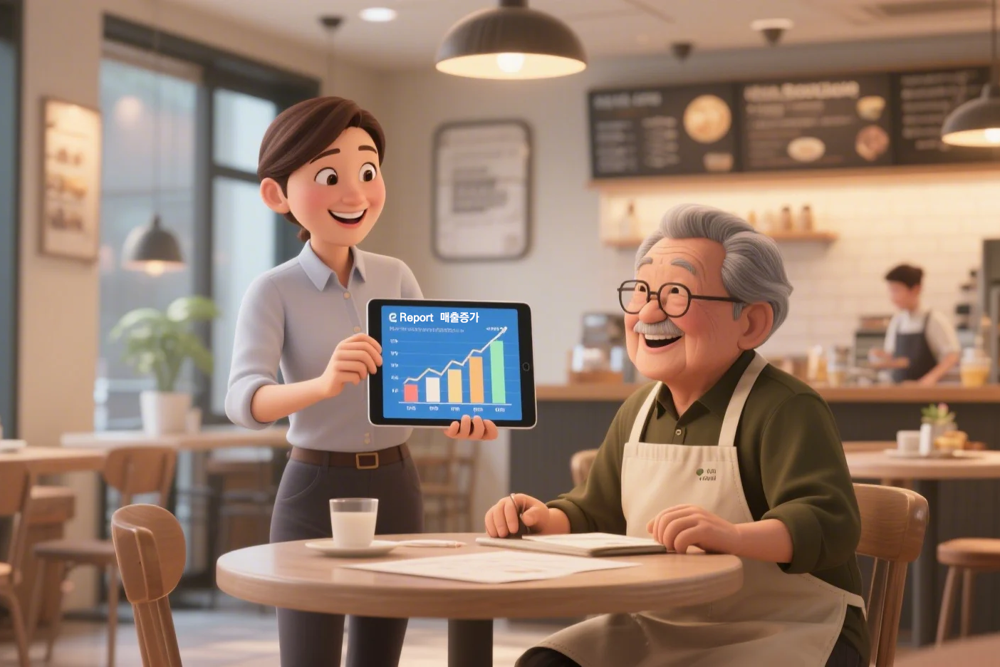 컨설턴트가 태블릿으로 비용 절감 그래프를 보여주자 가게 사장님이 만족스럽게 웃는 모습