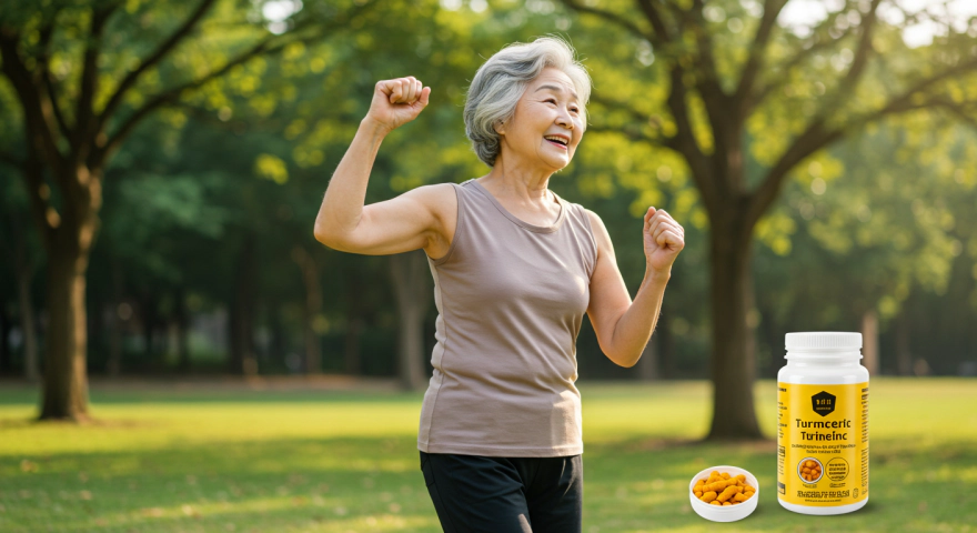 활기찬 표정으로 운동하는 한국인 노년 여성