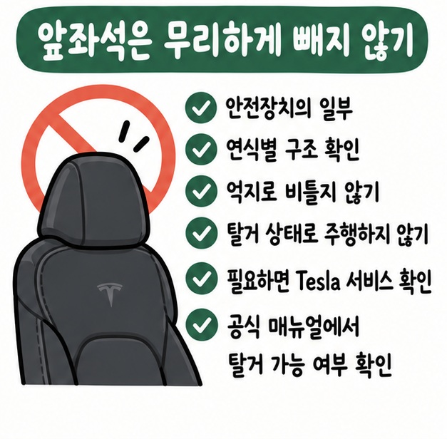 앞좌석은 무리하게 탈거하지 않고 차종·연식 확인과 재장착 잠금, Tesla 서비스 절차를 확인하는 주의사항 카드