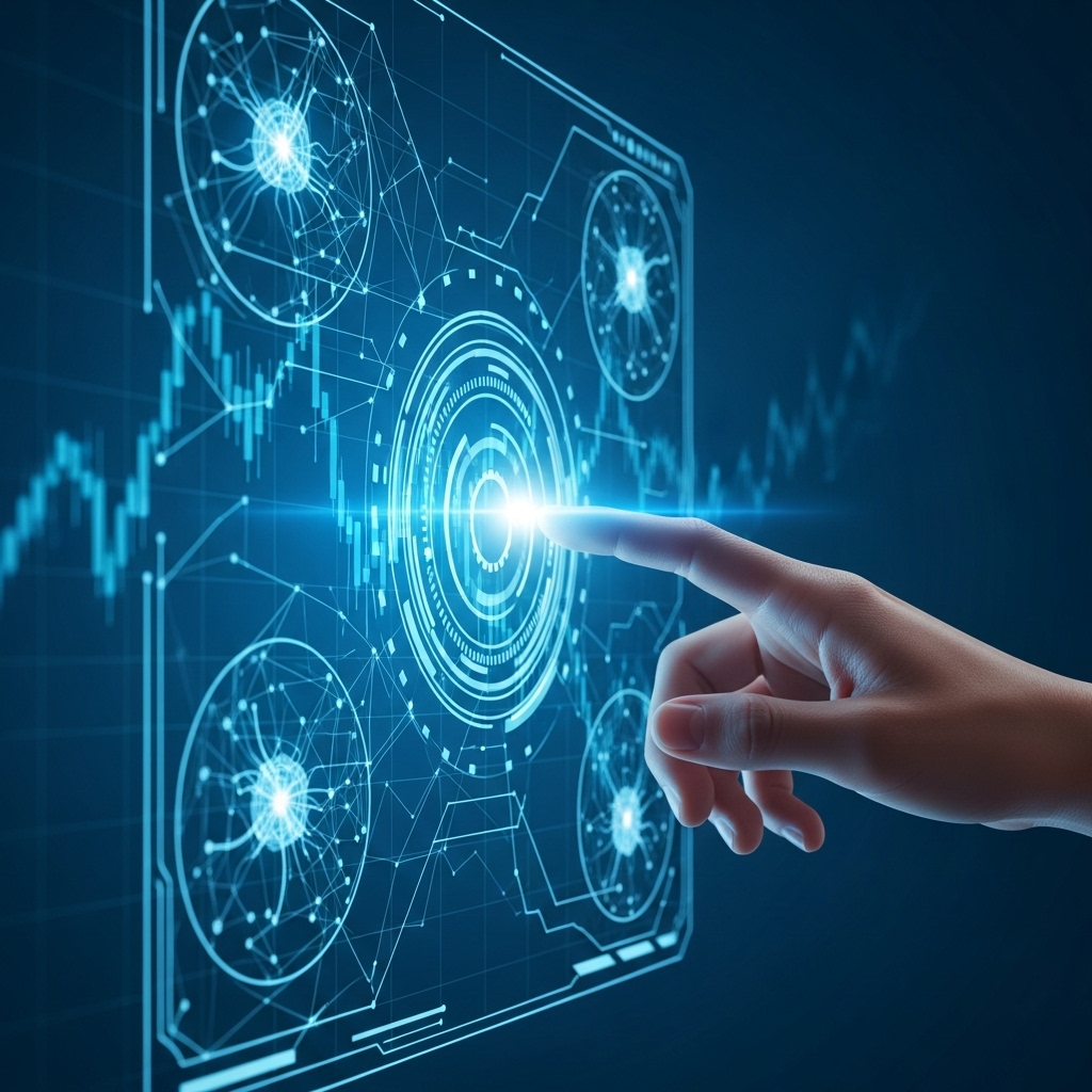 주식 차트 위에 AI 인터페이스가 겹쳐진 모습으로, 인간의 손이 AI와 상호작용하며 AI 투자 비서가 개인 투자자의 주식 수익률을 높이는 것을 상징하는 이미지