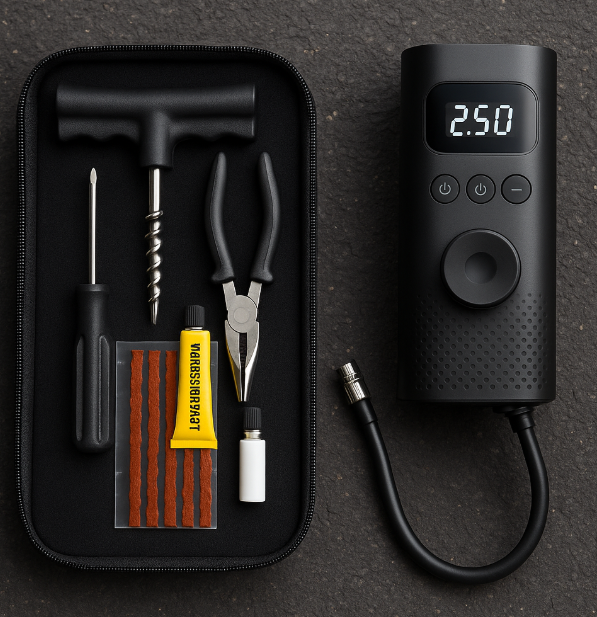 타이어 수리 키트 와 휴대용 공기압 주입기 사진