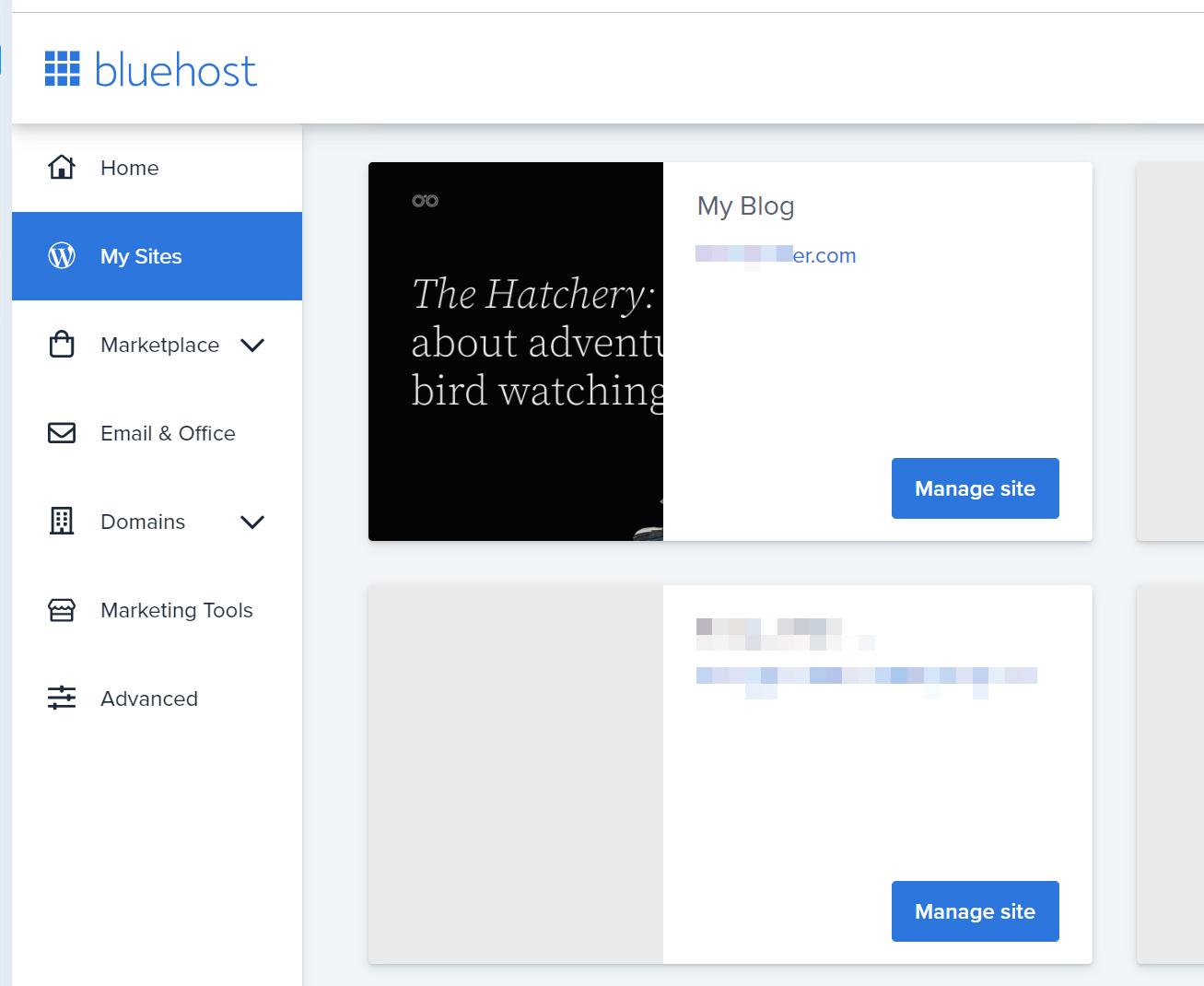 블루호스트 내 사이트 목록