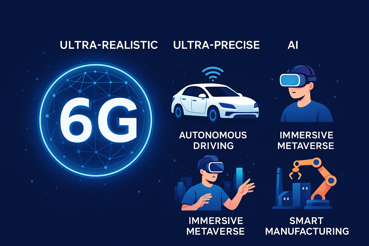 6G 기술의 미래를 상징하는 일러스트. 자율주행차, VR 메타버스, 스마트 제조 로봇, 초고속 네트워크 아이콘이 파란 배경에 배열됨