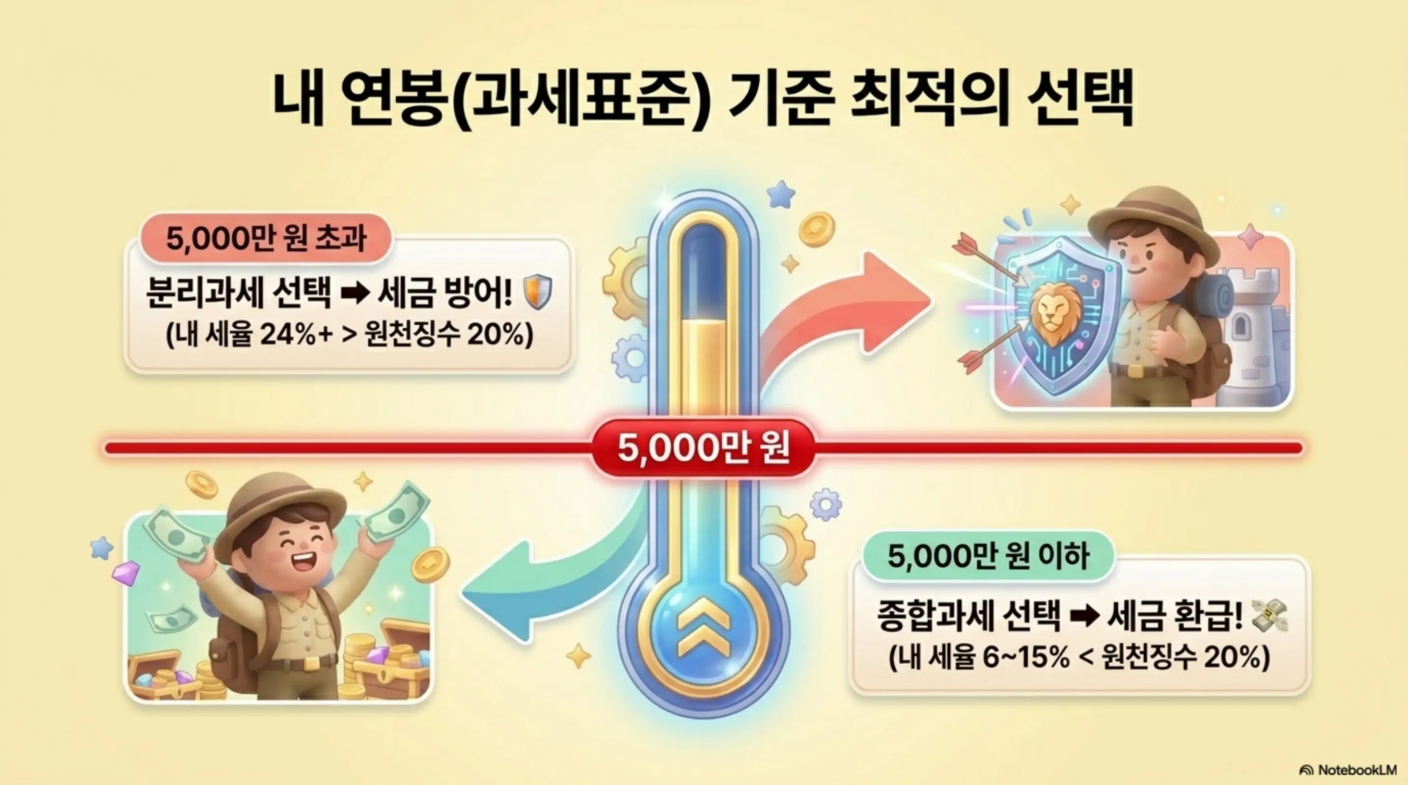 기타소득 분리과세:과세표준 5천만 원을 기준으로 이하이면 종합과세 선택 시 세금 환급 초과이면 분리과세 선택 시 세금 방어가 유리하다는 온도계 형태의 인포그래픽 이미지. 이 이미지는 내 연봉 과세표준 기준으로 최적의 과세 방식을 선택하는 방법을 시각적으로 전달하며&amp;#44; 블로그의 기타소득 분리과세 종합과세 절세 선택법과 관련된 내용을 설명함