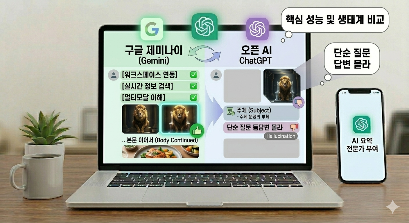 Gemini와 ChatGPT의 핵심 성능 및 생태계 비교 인포그래픽